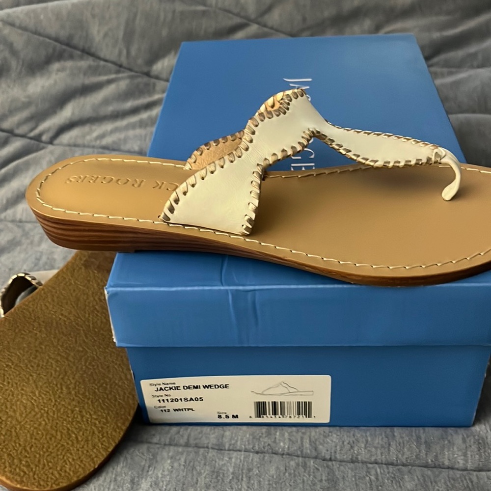 Jack Rogers White Leather Jackie Demi Wedge Thong Sandals